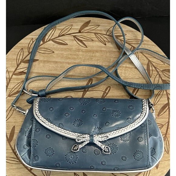 Brighton Small Leather Crossbody Teal Blue Silver Metallic Flower Embossed - Picture 4 of 11